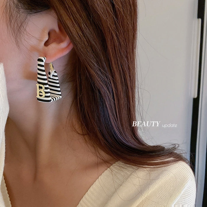 Square Faux Leather Letter Drop Earrings With Silver Needles Retro Korean OL Style