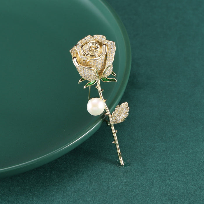 Luxury Alloy Zircon Rose Brooch For Suit And Valentine's Gift