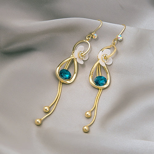 Luxury Blue Crystal Teardrop And White Flower Rhinestone Alloy Long Tassel Drop Dangle Earrings