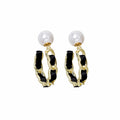 Luxury Vintage U Shape Gold Alloy Black Enamel Hoop Pearl Stud Earrings view 5