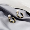 Luxury Vintage U Shape Gold Alloy Black Enamel Hoop Pearl Stud Earrings view 3