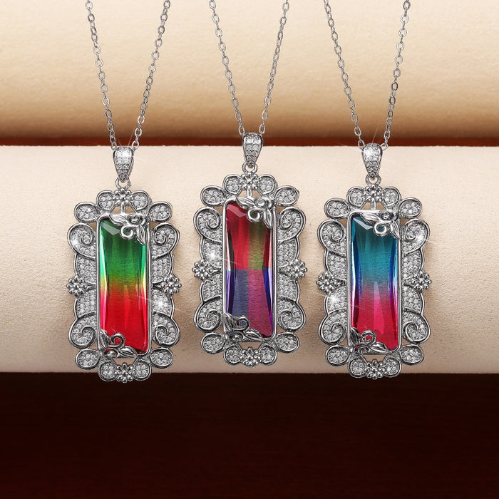 Hollow Floral Synthetic Color Gemstone Tourmaline Pendant Necklace With Colorful Zircon
