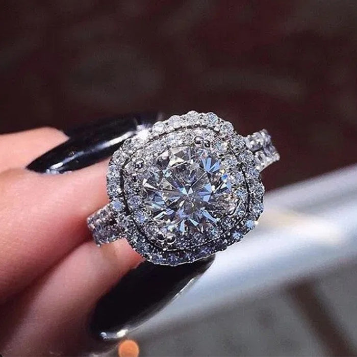 Four Prong Round Cubic Zirconia Ring, Full Pave Copper Engagement Jewelry For Women