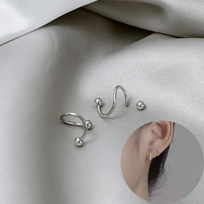 Minimalist Silver Alloy Spring Ear Cuff Clips Elegant Small Ball Wrap No Piercing Stud Earrings