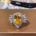 Luxury Full Pave Pear Shape Yellow Zircon Engagement Ring For Women, Water Drop Jewelry view 2