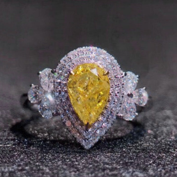 Luxury Full Pave Pear Shape Yellow Zircon Engagement Ring For Women, Water Drop Jewelry
