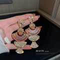 European Style Alloy Fan Shaped Colorful Zircon Drop Earrings With Steel Pins For Women view 4