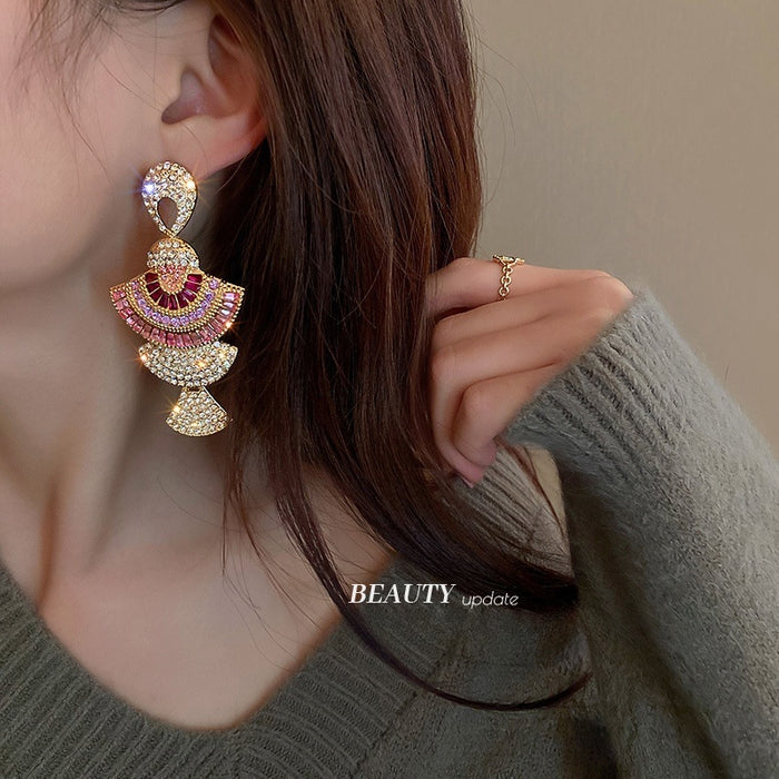 European Style Alloy Fan Shaped Colorful Zircon Drop Earrings With Steel Pins For Women