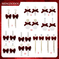 Red Vintage Flocked Bow Tassel Earrings With Burgundy Pom Pom Pearl Studs For New Year Jewelry view 2