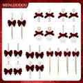 Red Vintage Flocked Bow Tassel Earrings With Burgundy Pom Pom Pearl Studs For New Year Jewelry view 1