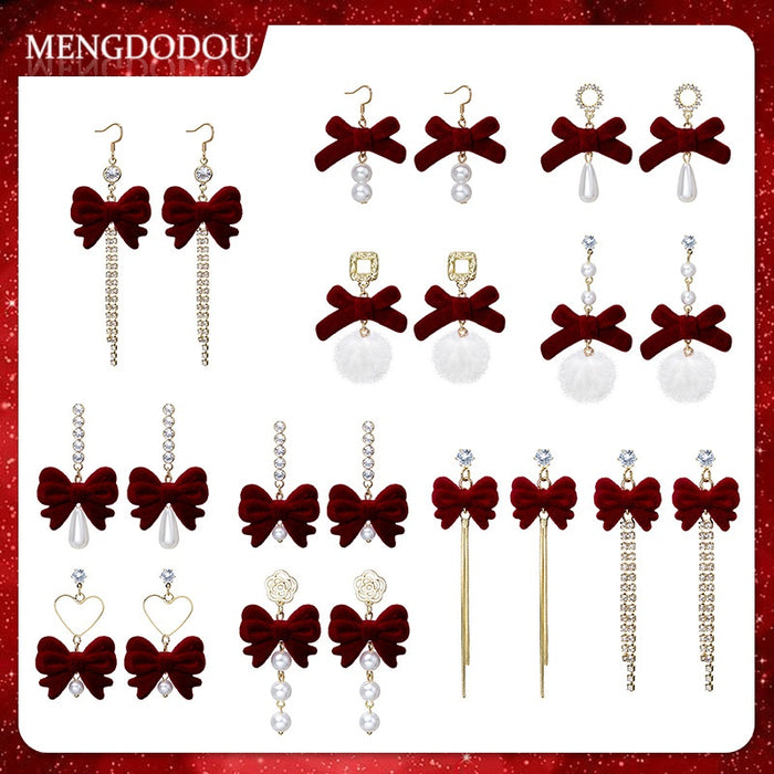 Red Vintage Flocked Bow Tassel Earrings With Burgundy Pom Pom Pearl Studs For New Year Jewelry