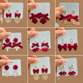 Red Vintage Flocked Bow Tassel Earrings With Burgundy Pom Pom Pearl Studs For New Year Jewelry view 3