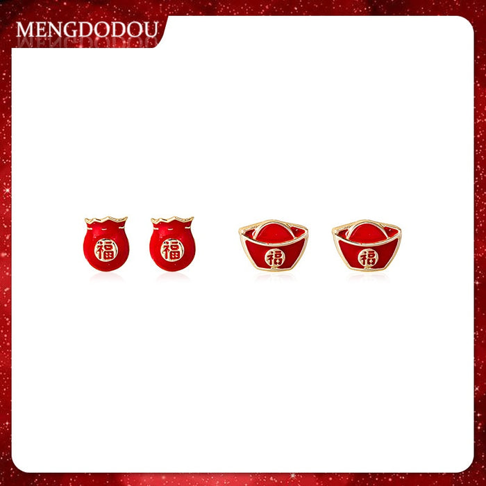 Elegant Red Enamel Lucky Bag And Gold Ingot Studs With 925 Silver Pins Festive Metal Earrings