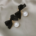 Elegant Black Ribbon Bowknot Faux Pearl Long Dangle Drop Alloy Stud Party Jewelry For Women Earrings view 3