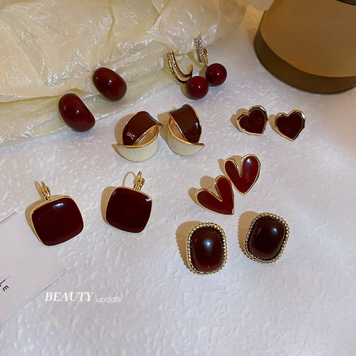 Red Geometric Drip Enamel Heart Alloy Stud Earrings With Silver Pins Vintage Style