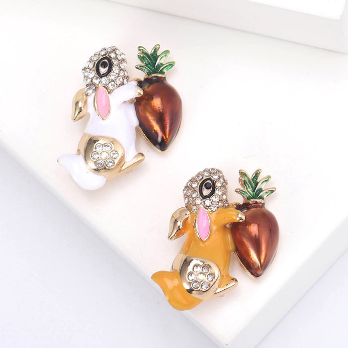 Alloy Enamel Rabbit Carrot Brooch With Rhinestone Animal Design