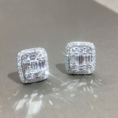 Personalized T Shape Square Zircon Stud Earrings For Women, Platinum Color Light Luxury Jewelry