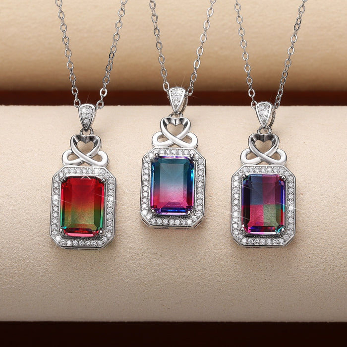 Light Luxury Square Rainbow Crystal Necklace With Colorful Zircon Pendant For Women