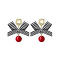Vintage Houndstooth Bow Pearl Pom Bear Asymmetric Rhinestone Alloy French Elegant Drop Earrings view 5