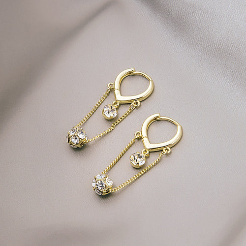 Elegant Korean Long Heart Hoop Ear Cuffs Gold Alloy Rhinestone Crystal Ball Tassel Drop Earrings