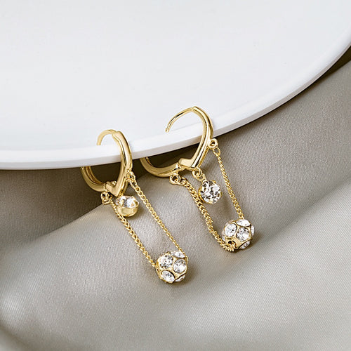 Elegant Korean Long Heart Hoop Ear Cuffs Gold Alloy Rhinestone Crystal Ball Tassel Drop Earrings