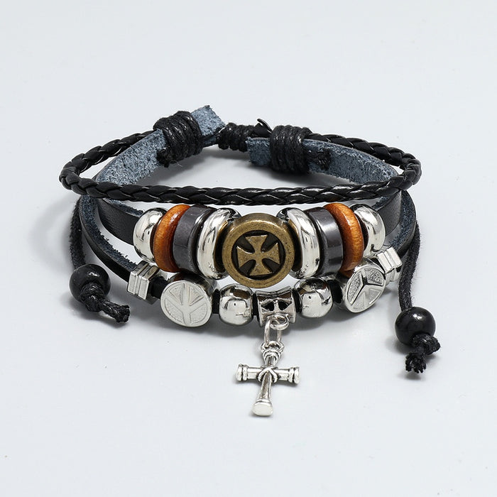 Creative Handmade Beaded Cross Leather Bracelet, Korean Vintage Multilayer Men's Wristband
