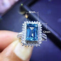 Luxury Bridal Ring With Full Paved Square Aqua Blue Zircon, Statement Wedding Jewelry view 5