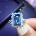 Luxury Bridal Ring With Full Paved Square Aqua Blue Zircon, Statement Wedding Jewelry view 4