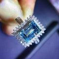 Luxury Bridal Ring With Full Paved Square Aqua Blue Zircon, Statement Wedding Jewelry view 3