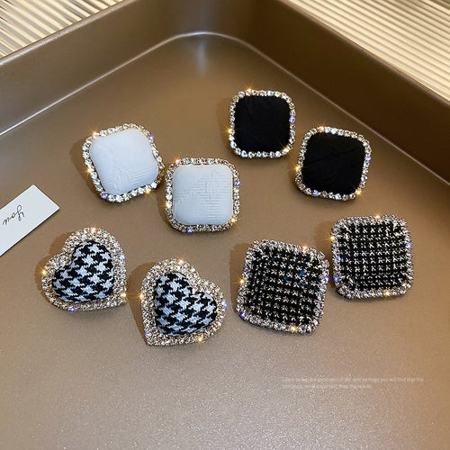 Alloy Rhinestone Houndstooth Heart Stud Earrings Korean Vintage Geometric Women Jewelry