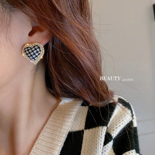 Alloy Rhinestone Houndstooth Heart Stud Earrings Korean Vintage Geometric Women Jewelry