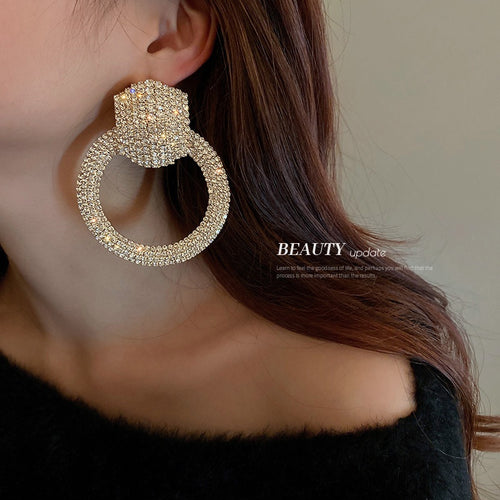 Statement Copper Full Rhinestone Circle Hoop Earrings With Silver Posts