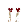French Vintage Flocked Bow Pearl Tassel Drop Earrings With Silver Needle Convertible Stud Design view 5