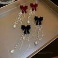 French Vintage Flocked Bow Pearl Tassel Drop Earrings With Silver Needle Convertible Stud Design view 3