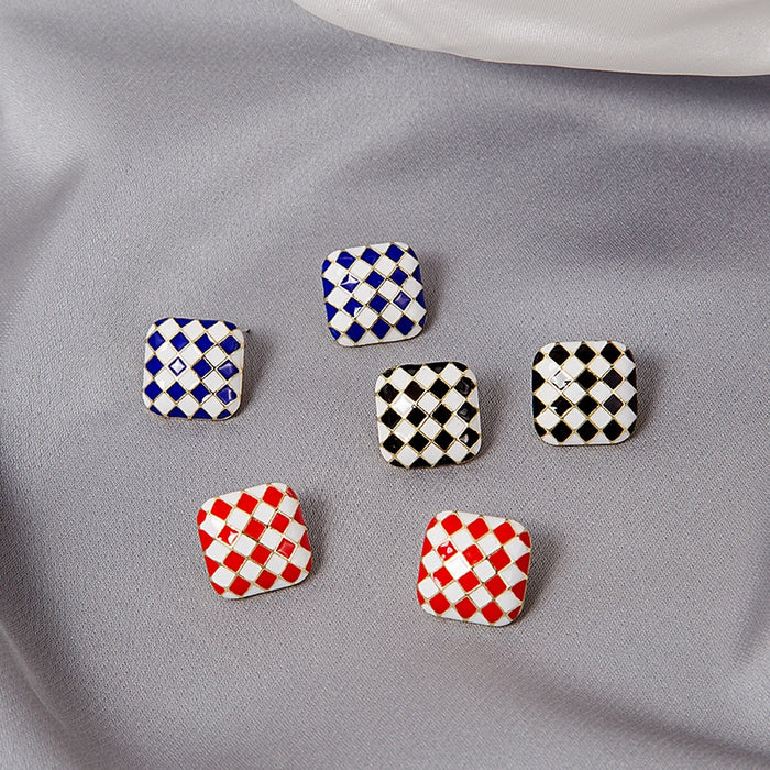 Elegant Geometric Square Checkerboard Enamel Alloy Studs Black White Grid Small Fashion Earrings