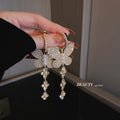 Alloy Rhinestone Butterfly Flower Long Tassel Drop Earrings Fashion OL Statement Jewelry view 2