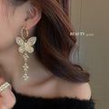 Alloy Rhinestone Butterfly Flower Long Tassel Drop Earrings Fashion OL Statement Jewelry view 1