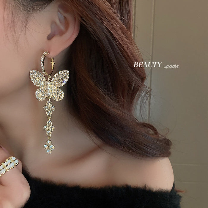 Alloy Rhinestone Butterfly Flower Long Tassel Drop Earrings Fashion OL Statement Jewelry