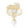 Gold Plated Alloy Zircon Camellia Brooch With Pearl Shell Accent view 5