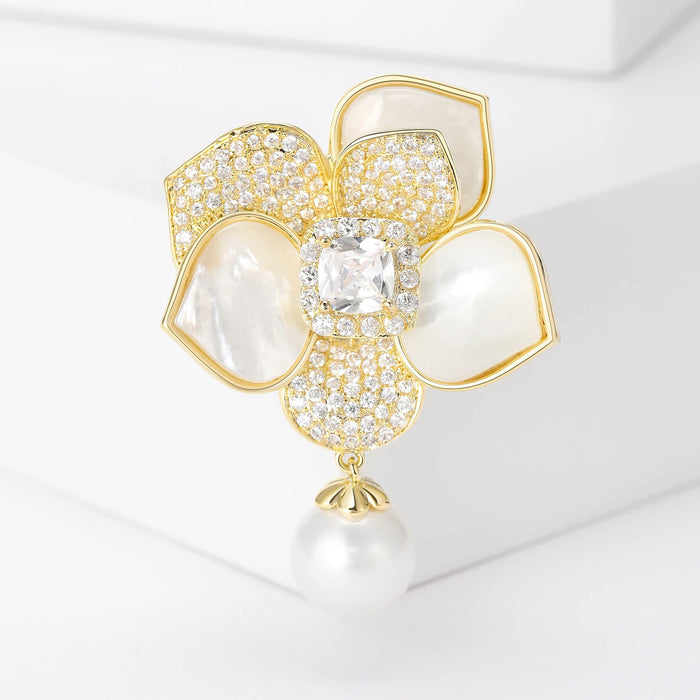 Gold Plated Alloy Zircon Camellia Brooch With Pearl Shell Accent