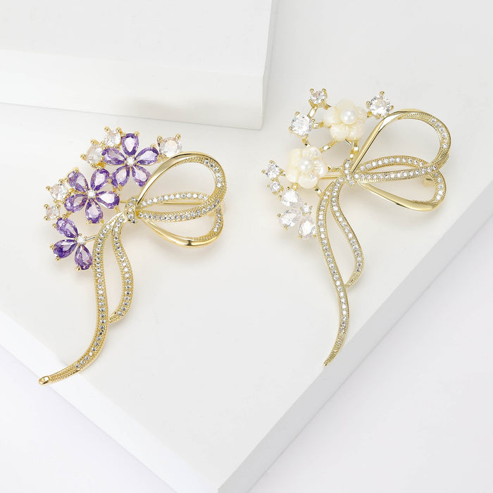 Gold Plated Zircon Bow Shell Flower Brooch Pin For Suit Coats