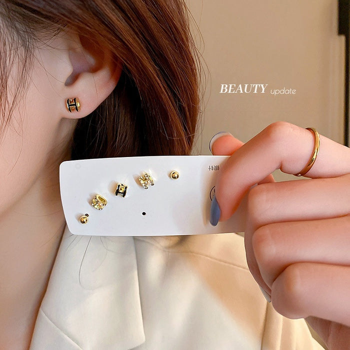 Alloy Rhinestone Letter H Stud Earrings Jewelry Set, Korean OL Style For Women
