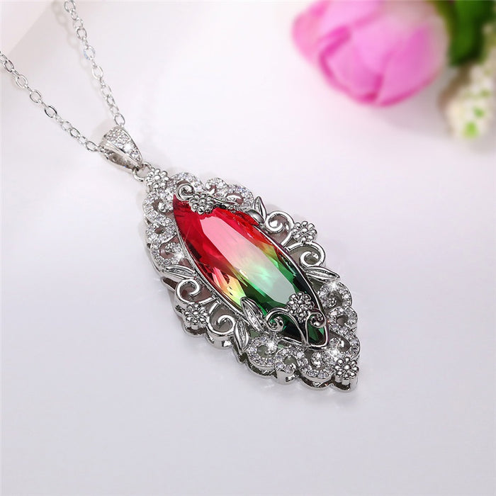 Luxury Hollow Floral Pendant Necklace With Marquise Gradient Stone For Women