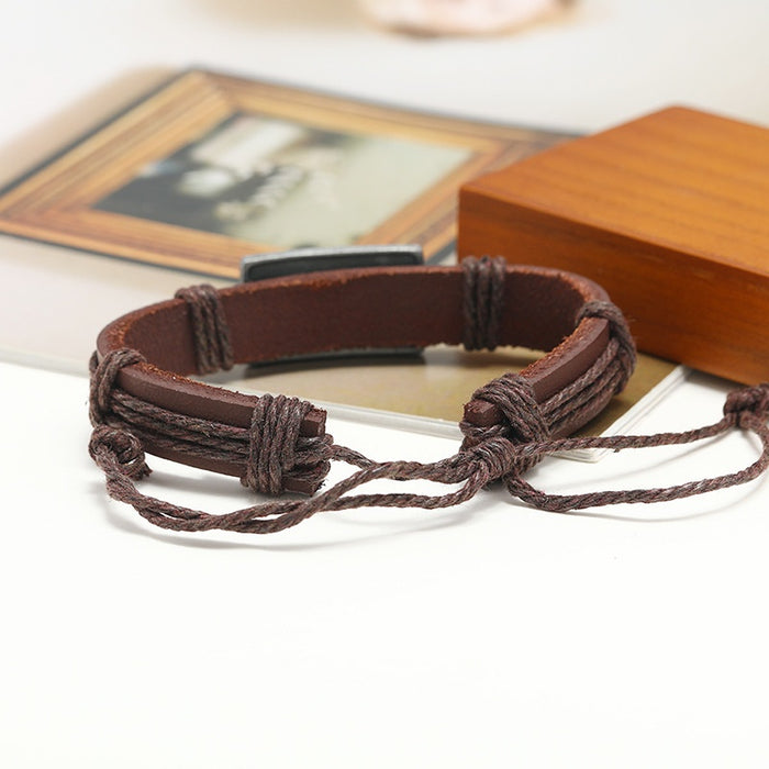 Vintage Braided Brown Cowhide Leather Bracelet, European Fashion Men's Wristband Jewelry