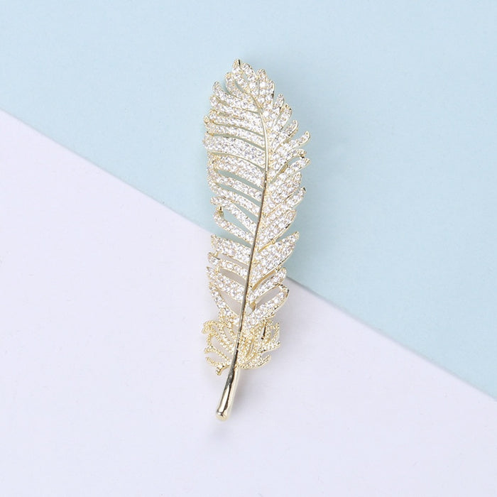 Luxury Alloy Zircon Feather Brooch For Suit Dress Decoration