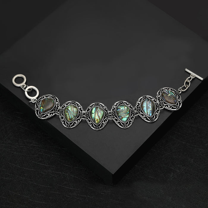 Natural Abalone Shell Teardrop Bracelet With Hollow Carved Design Brooch