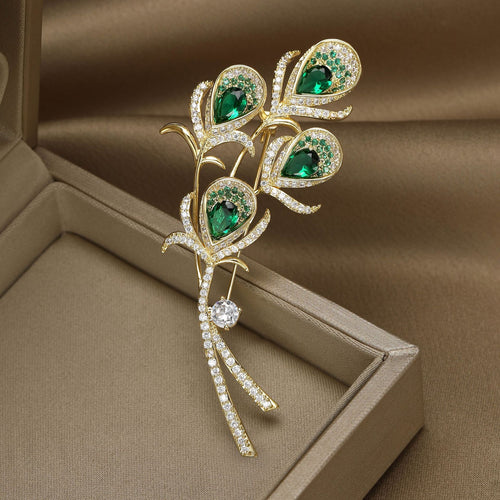 Alloy Green Crystal Peacock Feather Brooch Pin For Winter Apparel