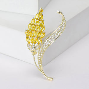 Gold Plated Copper Zircon Wheat Brooch Pin For Suits