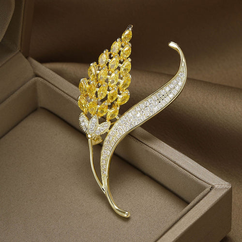 Gold Plated Copper Zircon Wheat Brooch Pin For Suits