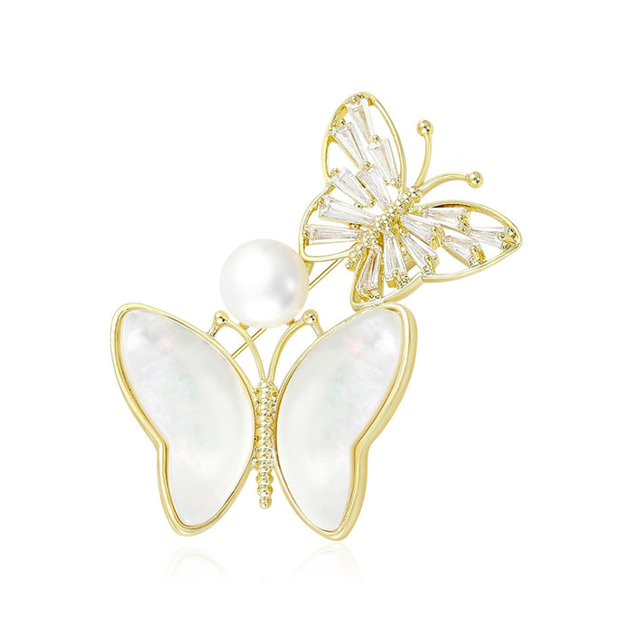 French Vintage Shell Butterfly Brooch With Gold Plating For Fashion Wear